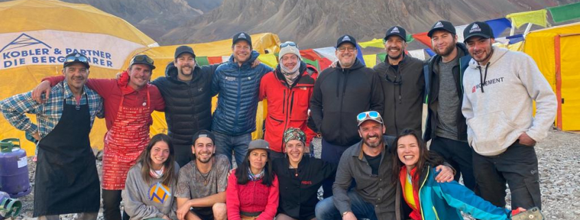 Aconcagua team celebrates at Plaza de Mulas base camp