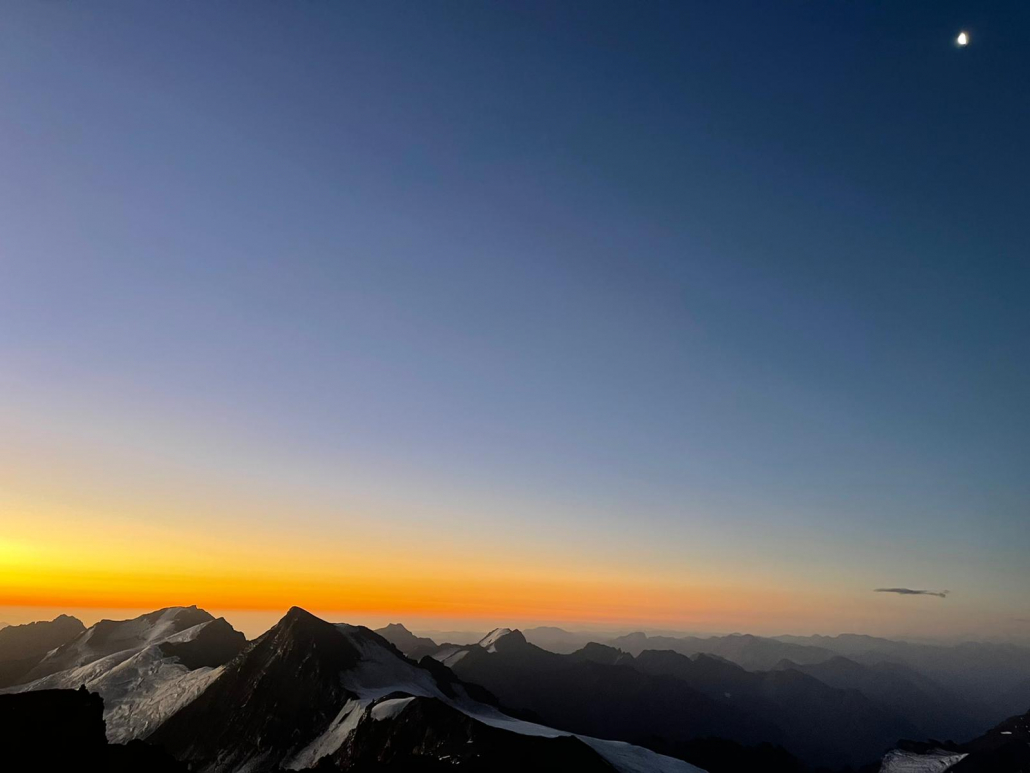 View from Aconcagua high camp of the moon and sunset