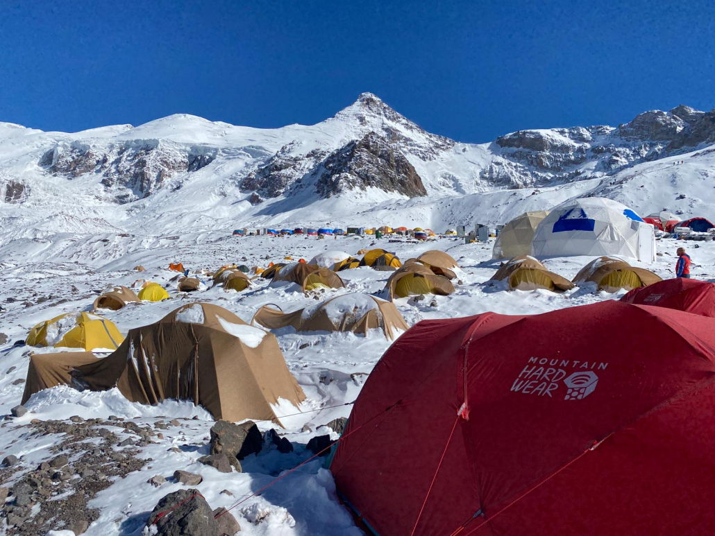 Snow in the mountains above base camp!