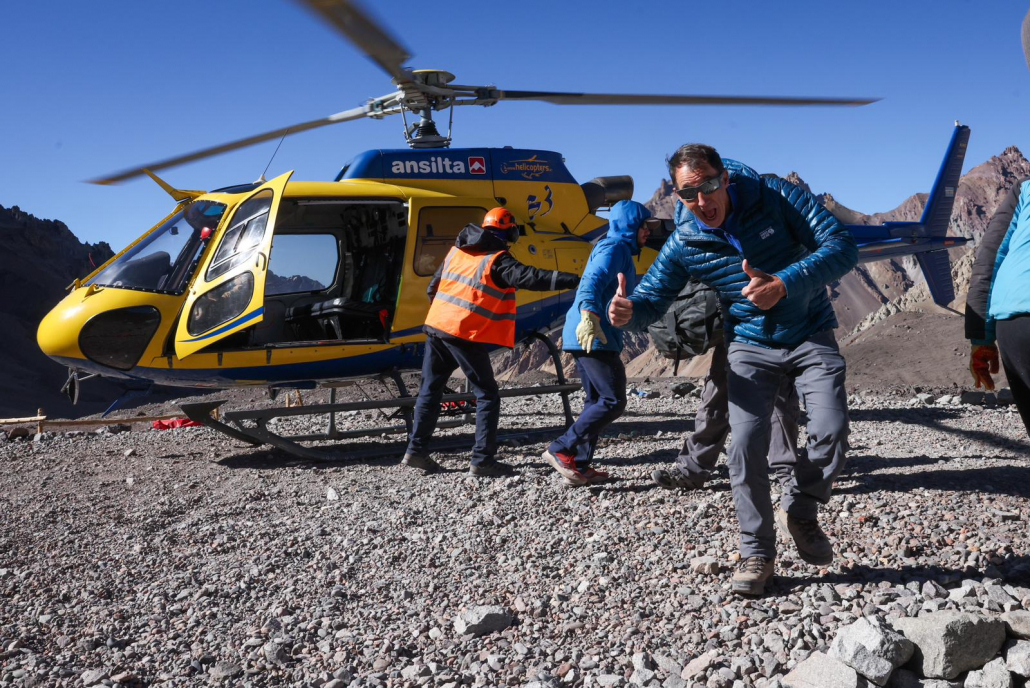 Our climber, Serge, disembarking at base camp (Photo by Terray Sylvester)