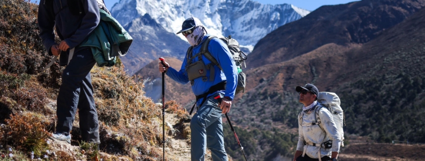 Nima Sange Sherpa hiking to the Pangboche Monastery with Lobuche East and Island Peak climbers Erik and Mike. (Photo by Terray Sylvester)