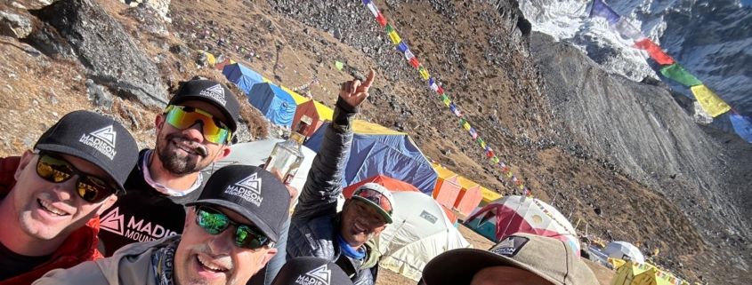 The team after their puja in base camp, with Ama Dablam in the background!
