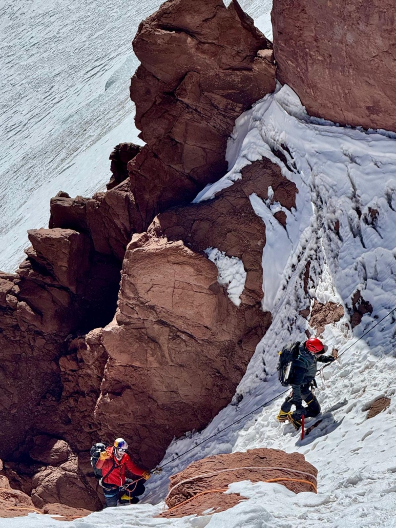 Climbing through technical terrain on the Polish Glacier.