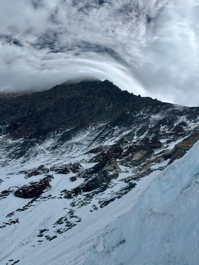 Looking up at the summit of Mount Everest.