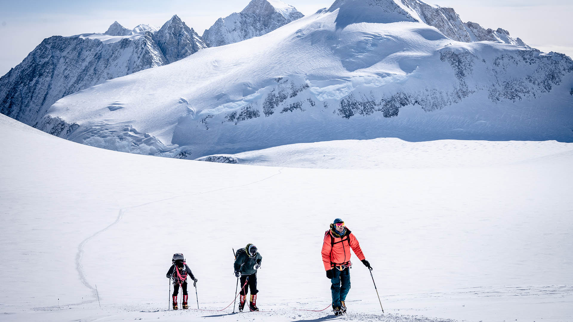 Climbers on summit day on Mount Vinson in Antarctica